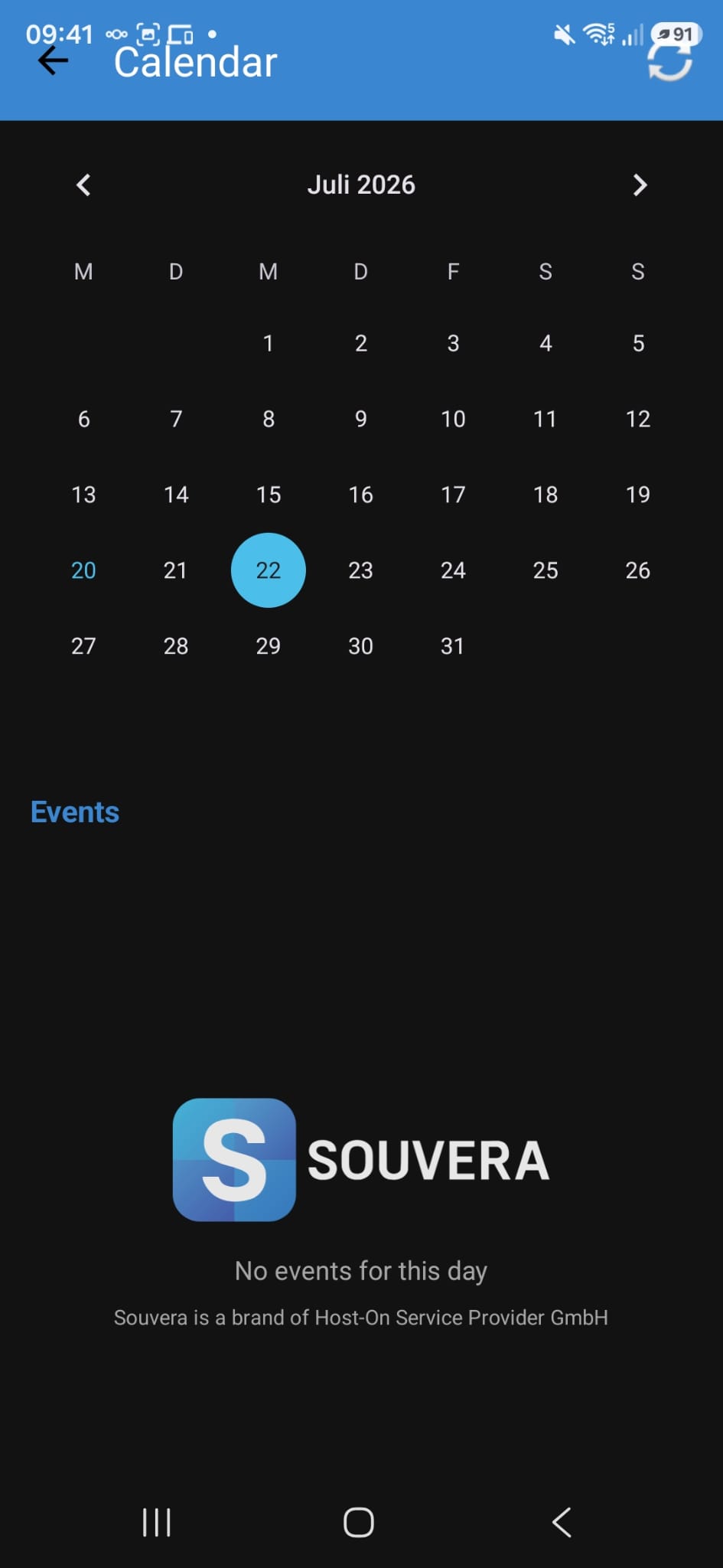 Souvera Workspace calendar on Android in dark mode